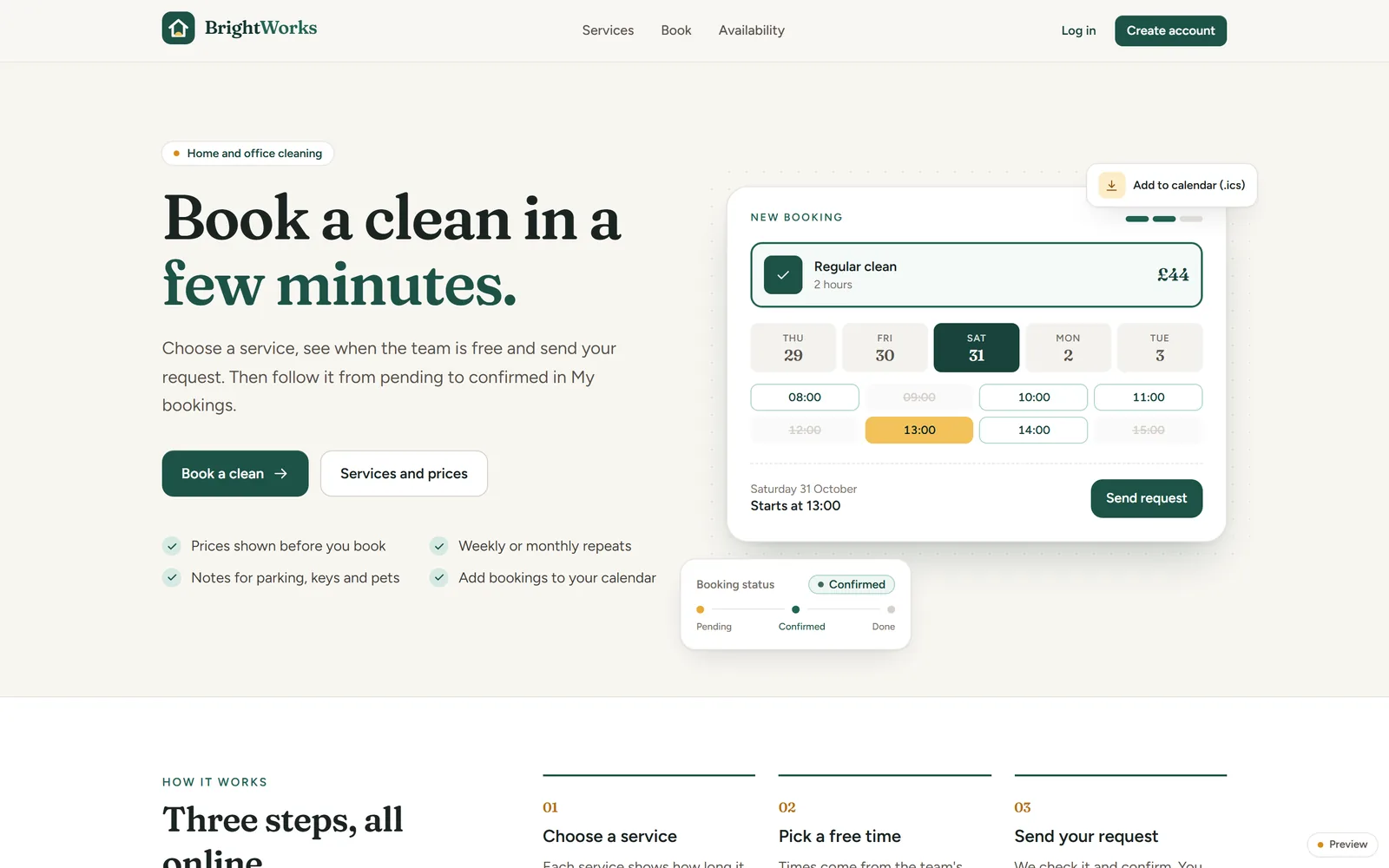 The BrightWorks home page: a heading saying Book a clean in a few minutes, beside a booking card with a service, days and free start times