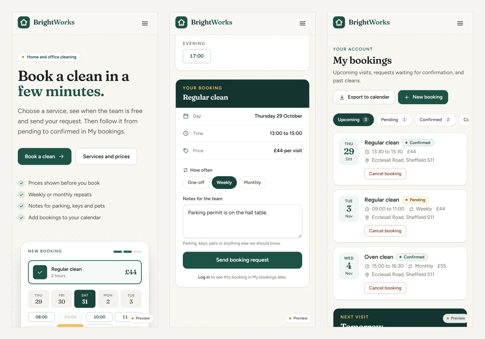 Three phone screens: the BrightWorks home page, the booking summary with notes for the team, and My bookings with upcoming visits and their status