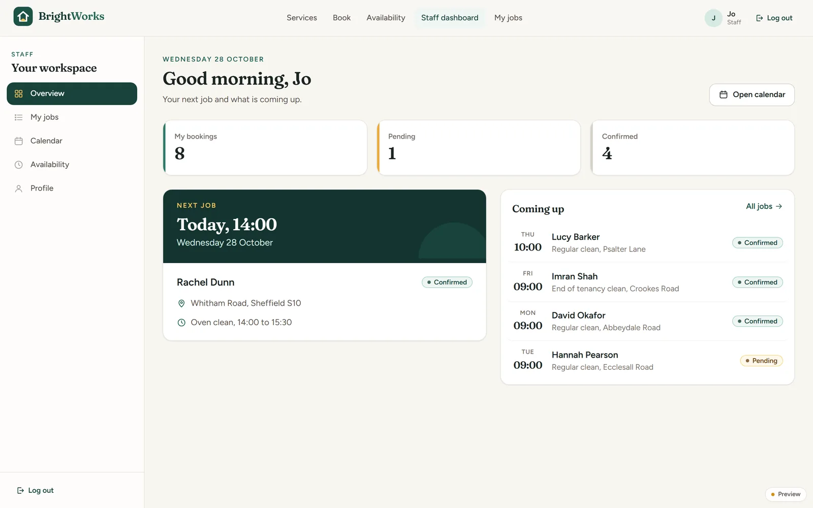 A cleaner's dashboard: a greeting, counts of bookings, the next job today at 14:00 with the customer's street and service, and a list of upcoming jobs
