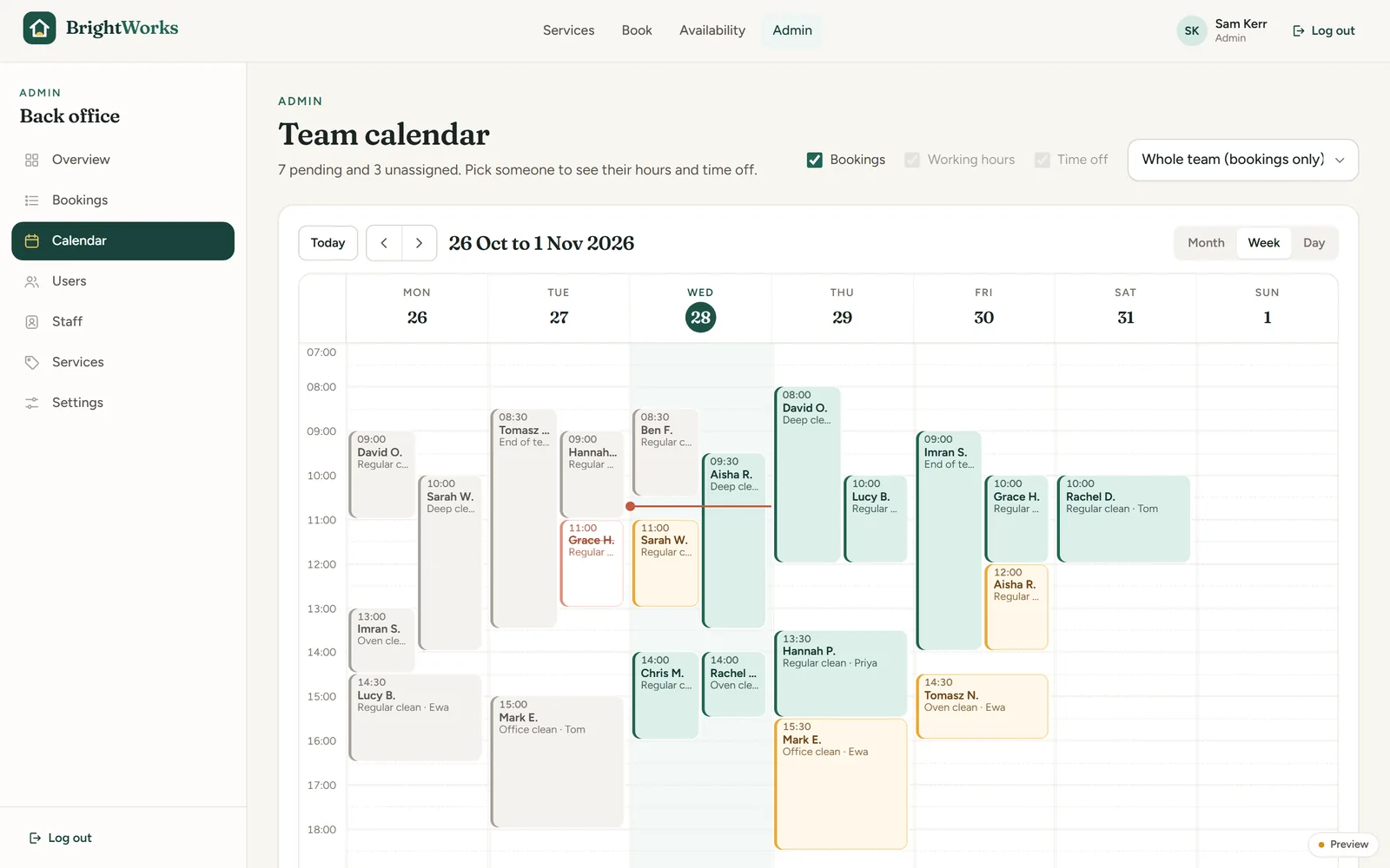 The team calendar in week view: bookings across the week coloured by status, with pending, confirmed and completed jobs and today's time marked