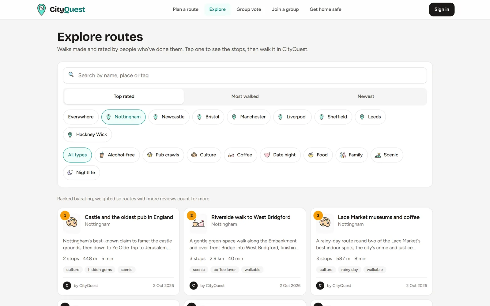 The Explore page: routes in Nottingham ranked by rating, with filters by city and by type such as alcohol-free, culture, coffee and family