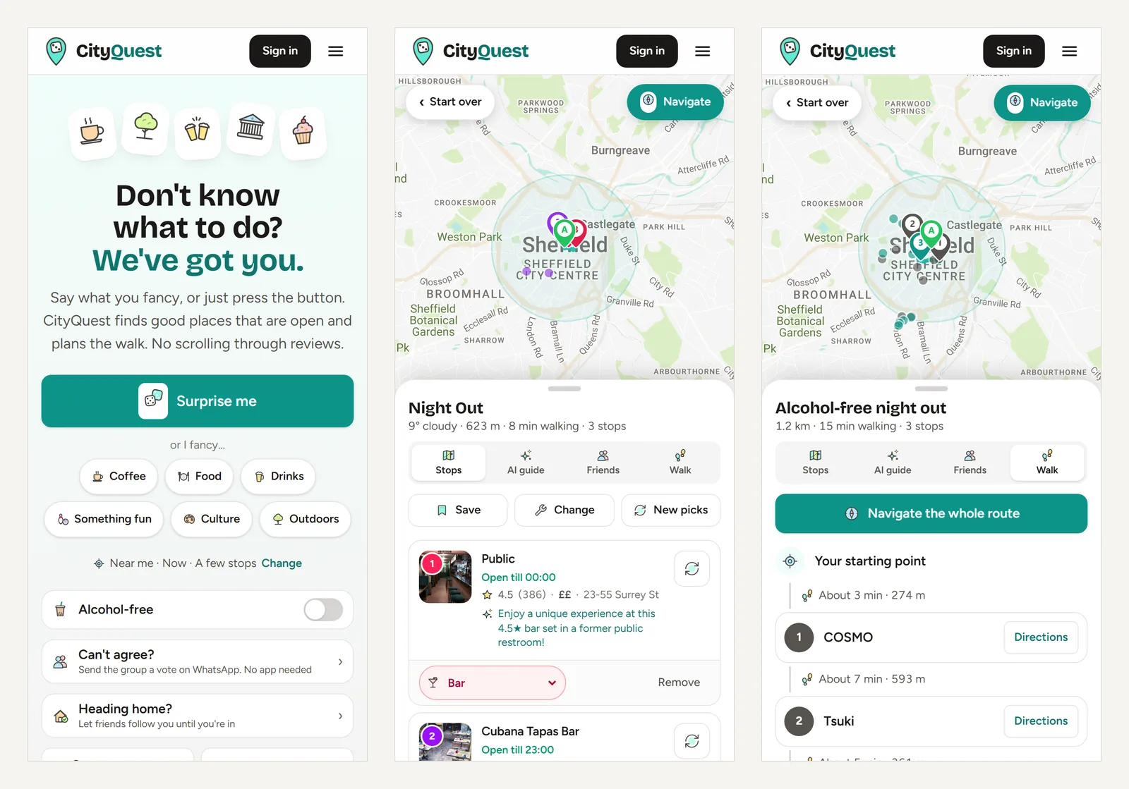 Three phone screens: the CityQuest home screen with Surprise me and one-tap choices, a planned night out with stops and opening times, and the walk tab with directions between stops