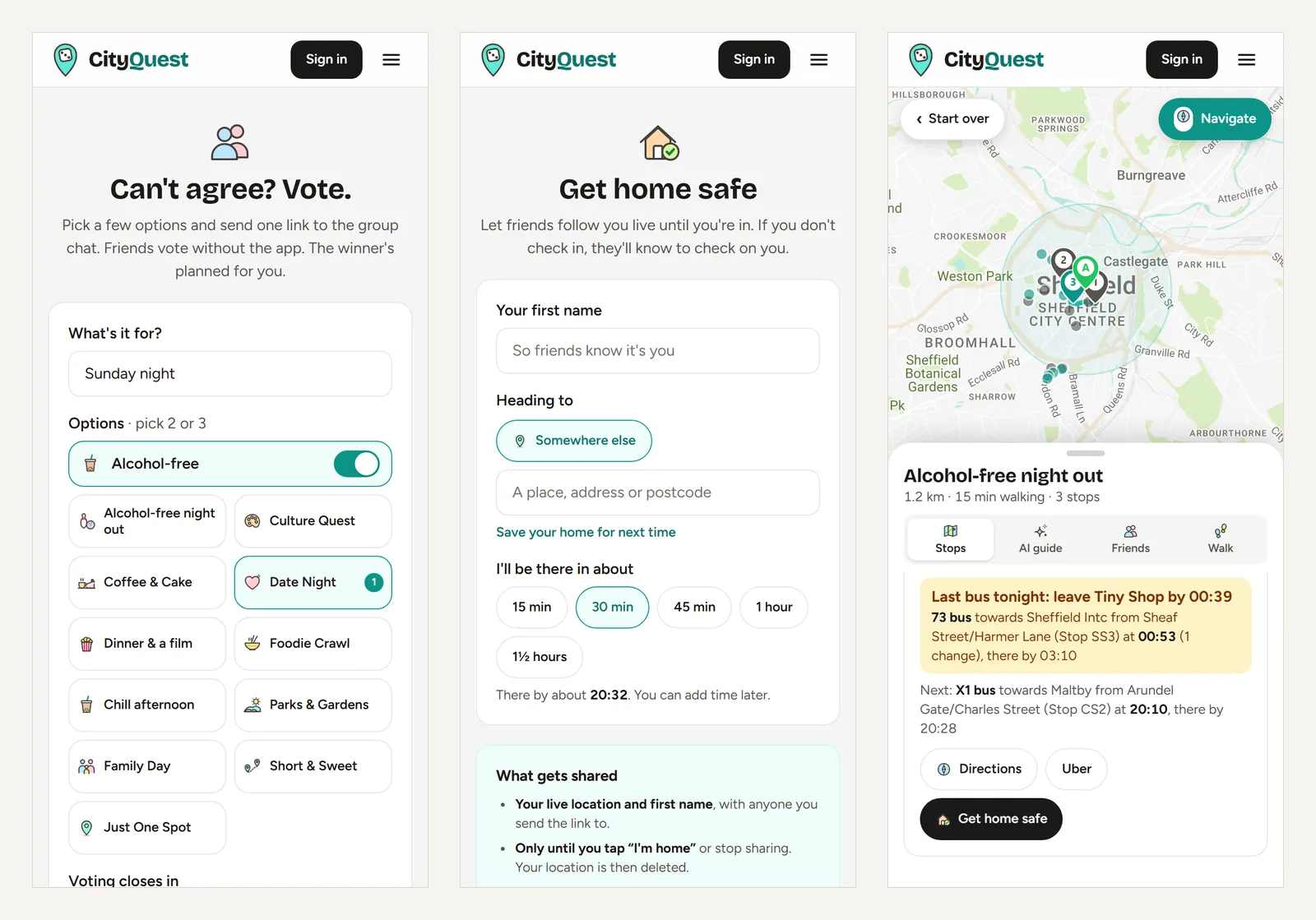 Three phone screens: a group vote with options to pick from, the Get home safe screen with what gets shared, and the last bus home from the final stop with directions, Uber and Get home safe buttons