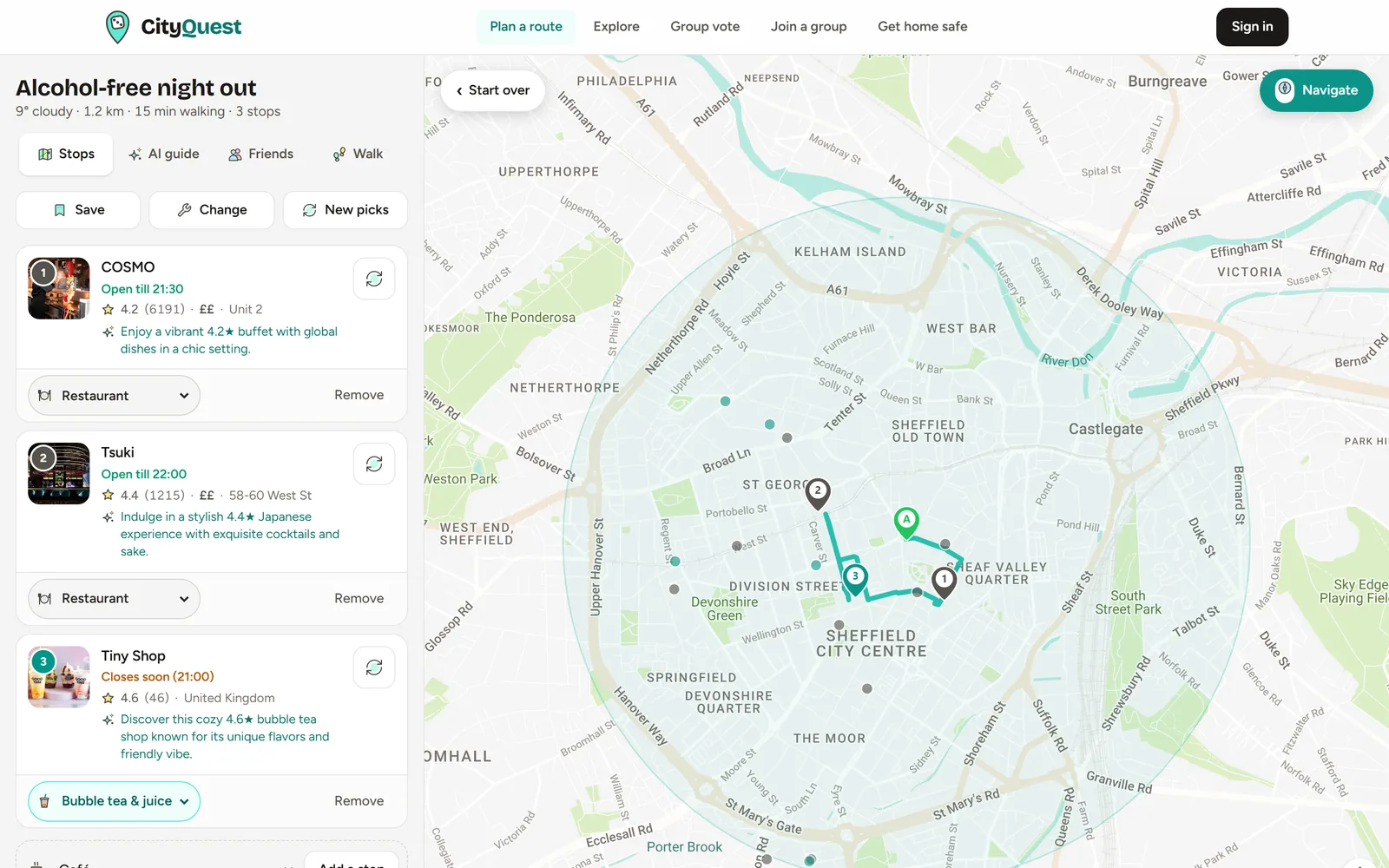 The CityQuest planner on a laptop: an alcohol-free evening in Sheffield city centre with three open places, the walking route on the map and other nearby options shown as faded dots