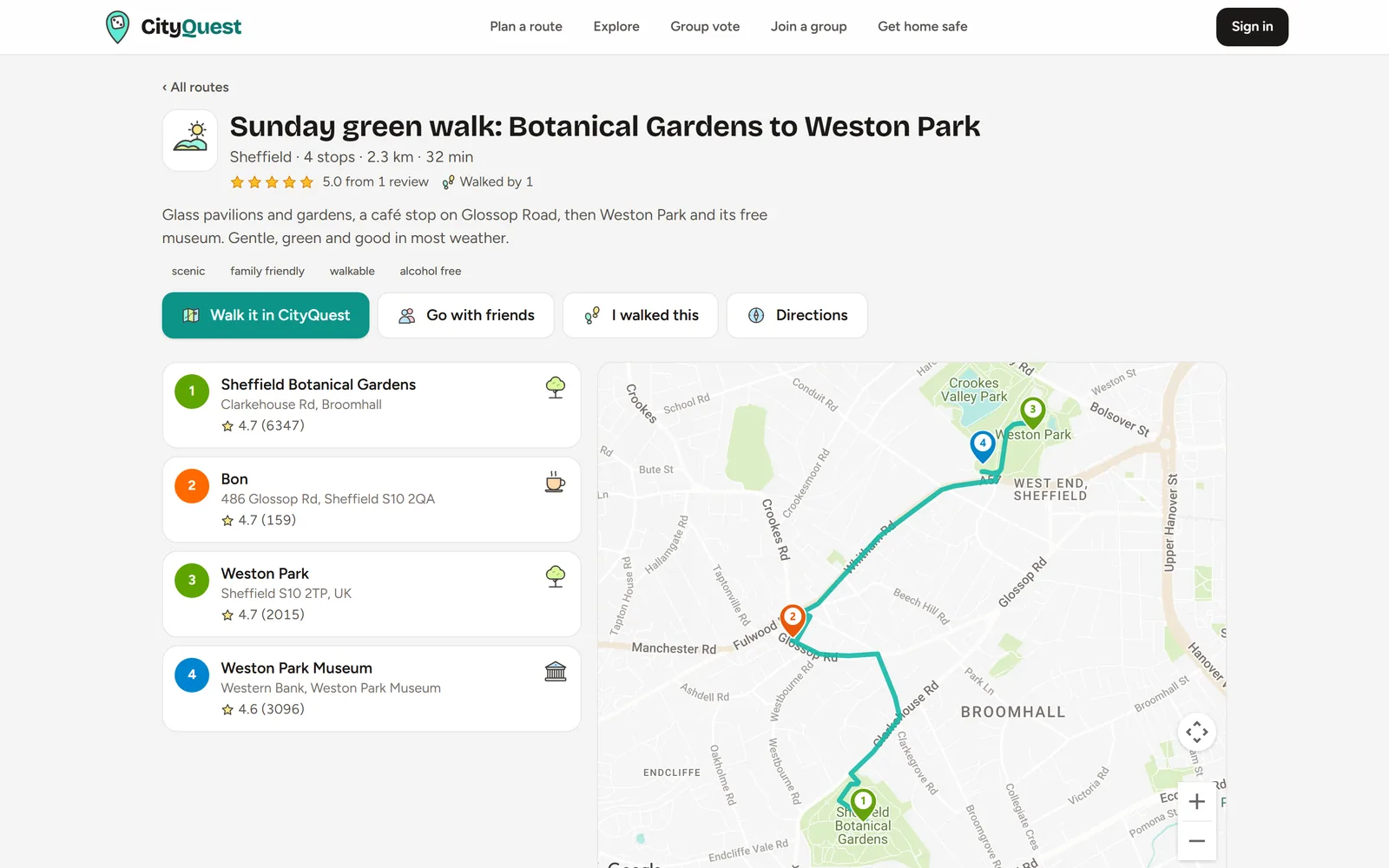 A CityQuest route page: four stops from Sheffield Botanical Gardens to Weston Park Museum, drawn as a walking route on a Google map