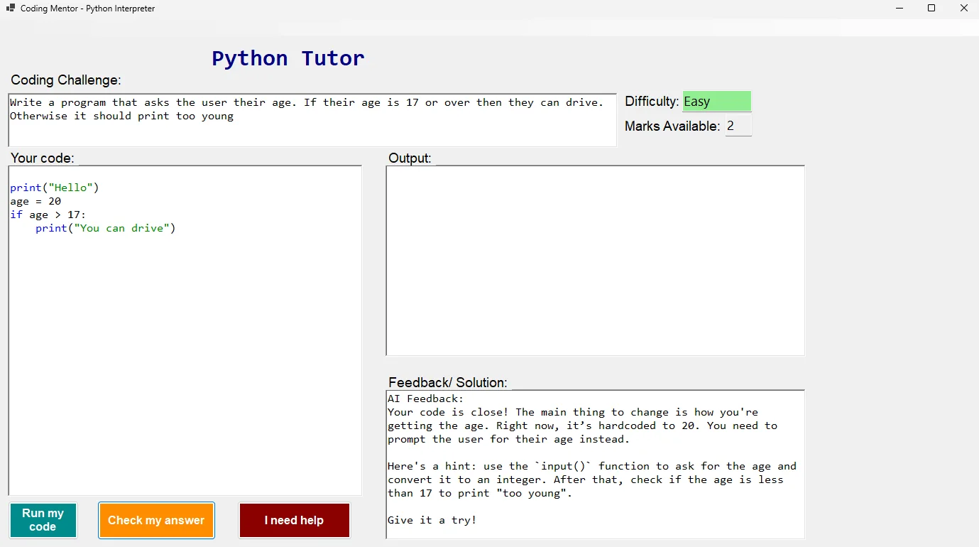 Coding Mentor, a Windows app with a Python challenge, code editor and AI feedback