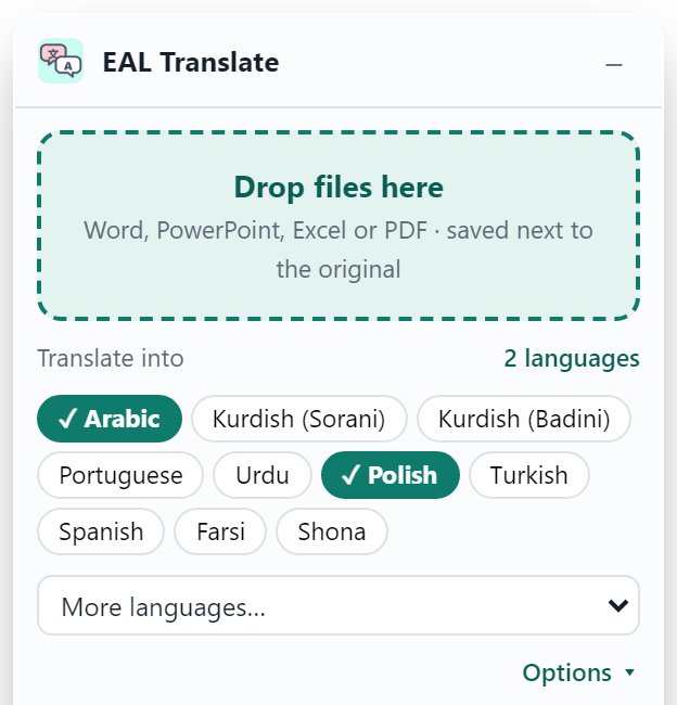 The EAL Translate app open, with Arabic and Polish ticked