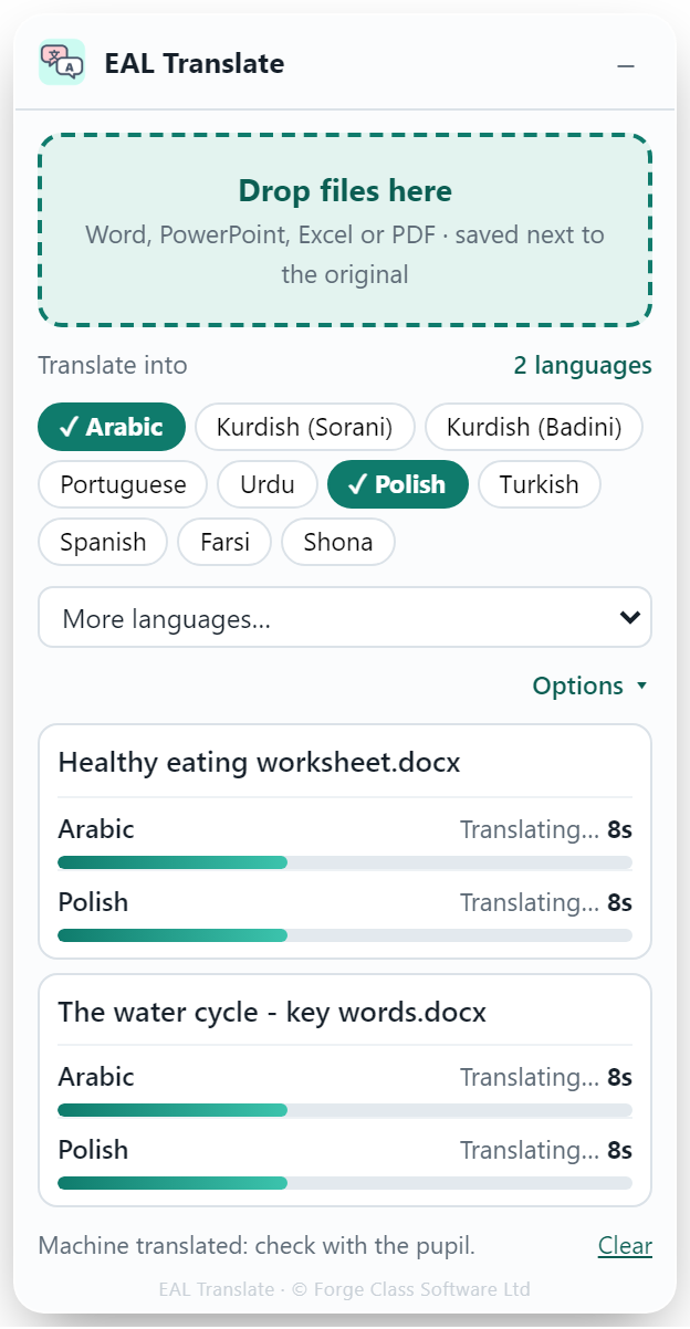 Two files translating into Arabic and Polish, each with a progress bar and a timer
