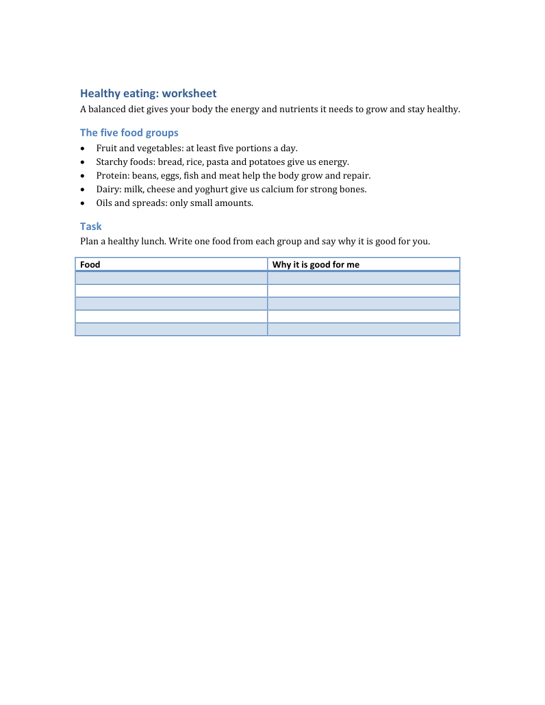 A Healthy eating worksheet in English: the five food groups, a task and a table to fill in