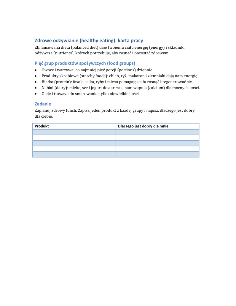 The same worksheet in Polish, with the table in place and English terms in brackets