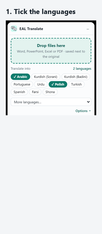 An animated walk-through in three steps: tick the languages, drop the files, then open, print or save as PDF