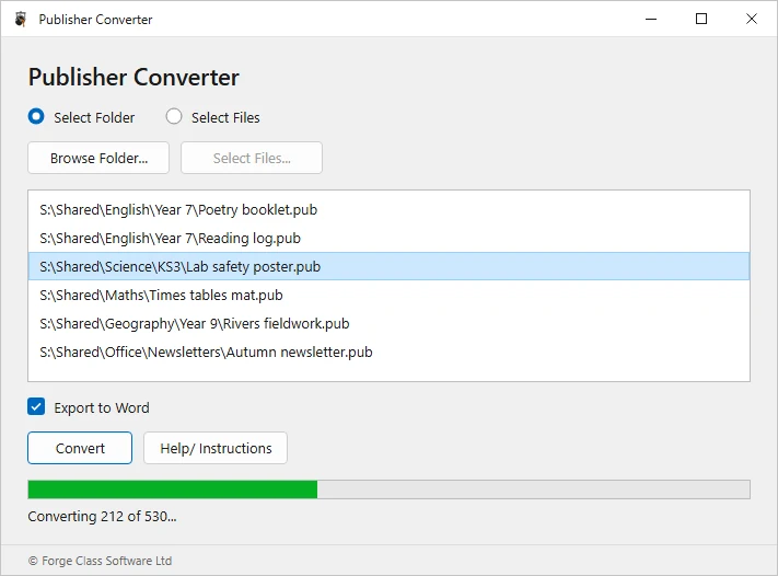 Publisher Converter converting a folder of Publisher files, with Export to Word ticked