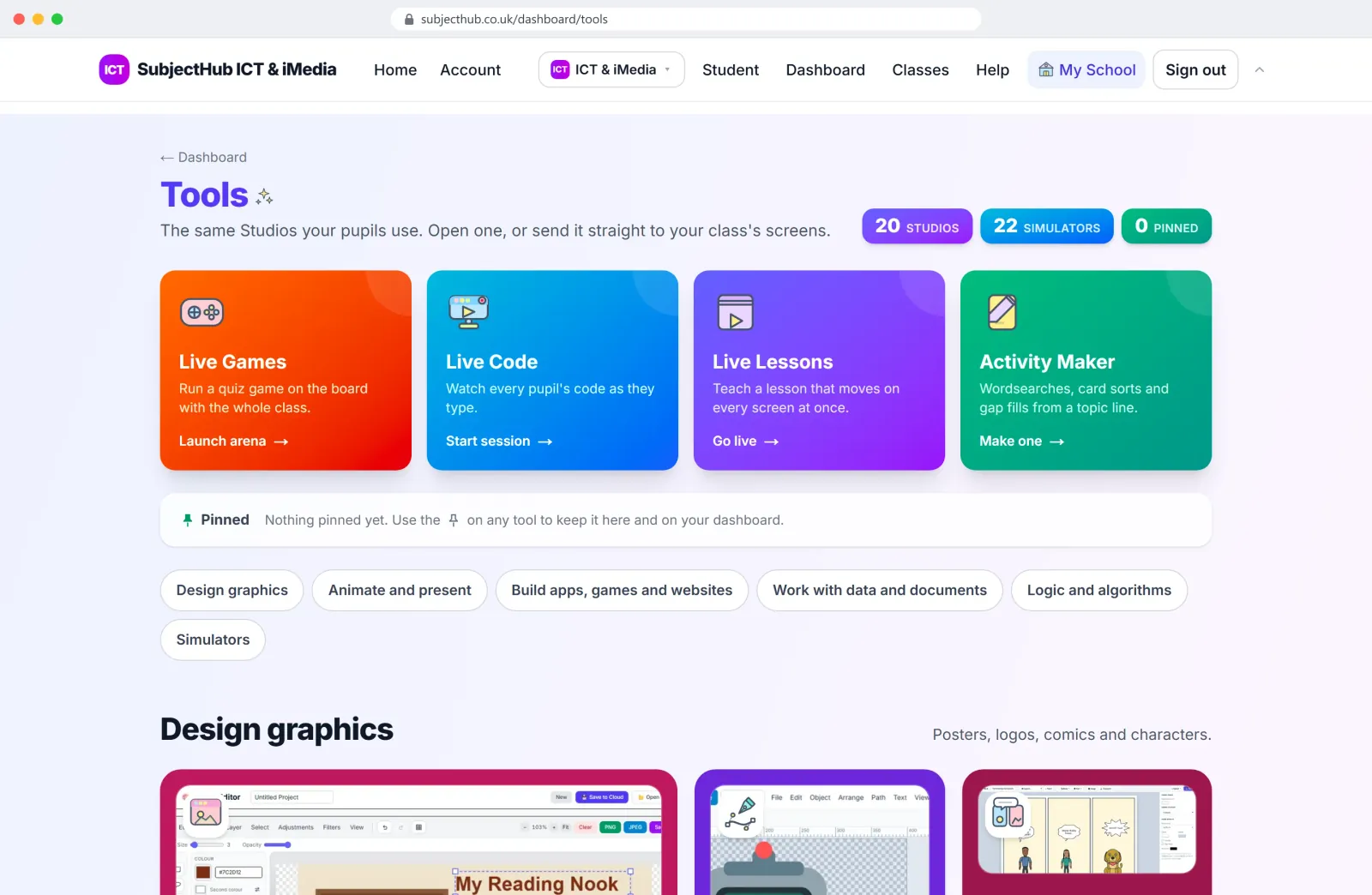 The teacher's Tools page in SubjectHub: twenty Studios and the Simulators, grouped by what pupils make